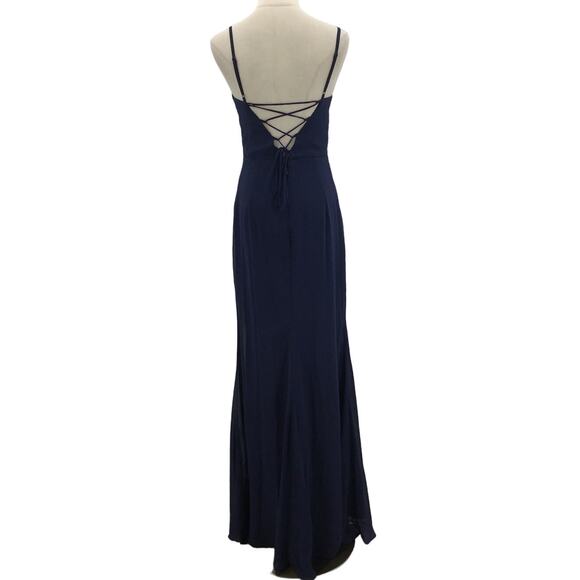 LULU'S SZ S Feeling Elegant Navy Blue Lace-Up Slit Bridesmaid Maxi Dress NEW B34 - Picture 4 of 10